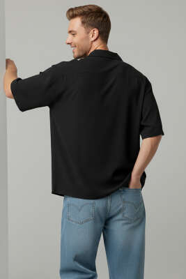 Tensel Kısa Kollu Erkek Gömlek Siyah - Erkek Gömlek