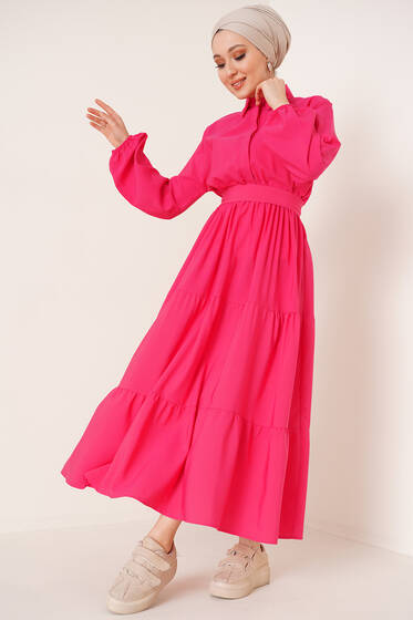 Terikoton Kat Kat Elbise Fuşya - Tesettür Elbise