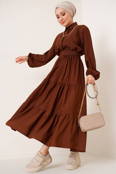 Terikoton Kat Kat Elbise Kahve - Tesettür Elbise