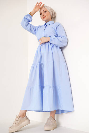 Terikoton Kat Kat Elbise Mavi - Tesettür Elbise