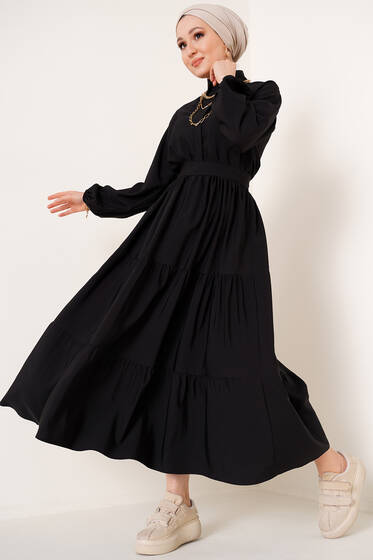 Terikoton Kat Kat Elbise Siyah - Tesettür Elbise