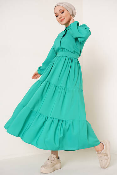 Terikoton Kat Kat Elbise Yeşil - Tesettür Elbise