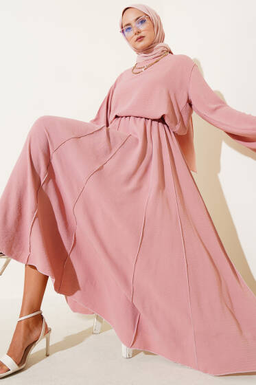 Ters Dikiş Detaylı Etekli İkili Takım Gül Kurusu - İkili Takım