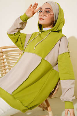 Ters Dikişli Kapüşonlu Sweatshirt Yağ Yeşili - Thumbnail