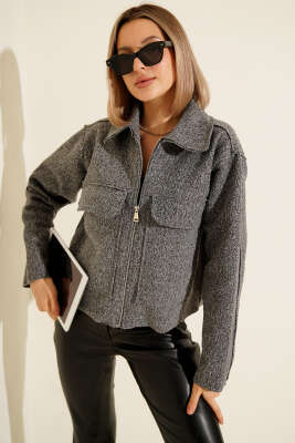 Ters Dikişli Kısa Ceket Kırçılı Gri - Kadın Giyim Modelleri