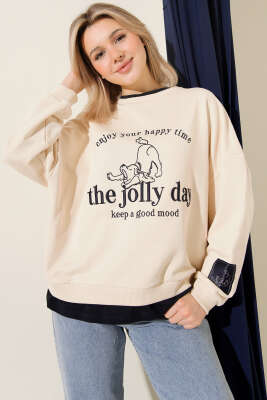 The Jolly Day Nakışlı Salaş Sweatshirt Bej - Kadın Giyim Modelleri