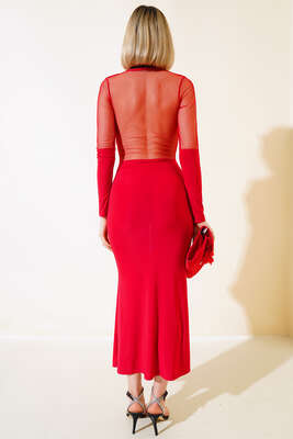 Tül Detaylı Elbise Kırmızı - Thumbnail
