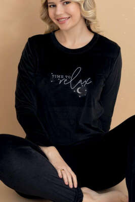 Time To Relax Baskılı Kadife Pijama Takımı Siyah - Pijama