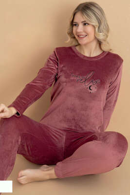 Time To Relax Baskılı Kadife Pijama Takımı Gül Kurusu - MANOLYA