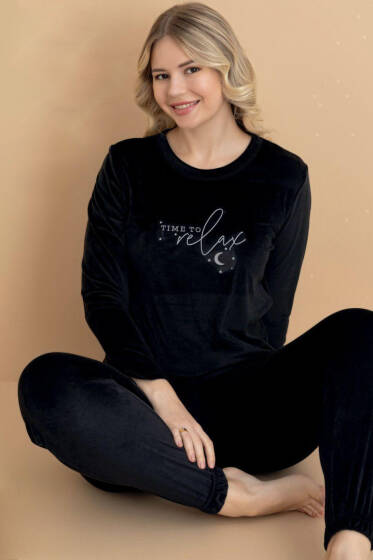 Time To Relax Baskılı Kadife Pijama Takımı Siyah - Pijama