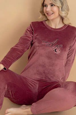 Time To Relax Baskılı Kadife Pijama Takımı Gül Kurusu - Pijama