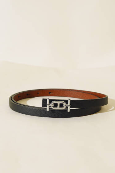 Toka Detaylı İnce Kemer Siyah Gümüş - Kemer