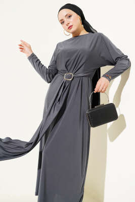 Tokalı İkili Sandy Elbise Füme - Tesettür Elbise