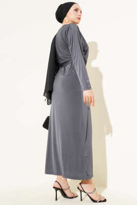 Tokalı İkili Sandy Elbise Füme - Tesettür Elbise
