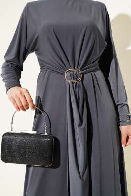 Tokalı İkili Sandy Elbise Füme - Tesettür Elbise