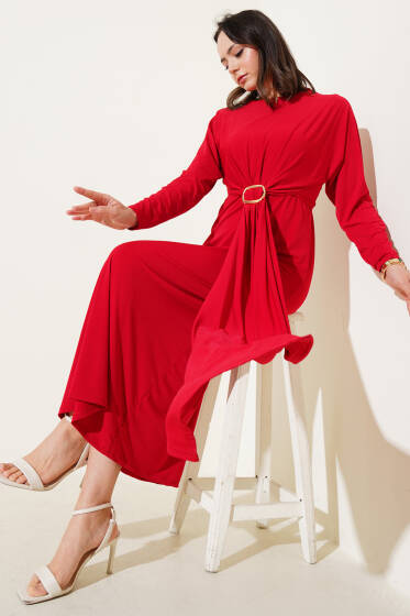 Tokalı İkili Sandy Elbise Kırmızı - Elbise