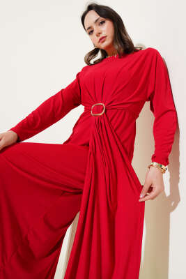 Tokalı İkili Sandy Elbise Kırmızı - Tesettür Elbise