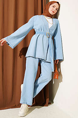 Tokalı Kemerli Kot Takım Açık Mavi - TEGOE