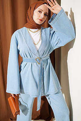 Tokalı Kemerli Kot Takım Açık Mavi - İkili Takım