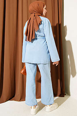 Tokalı Kemerli Kot Takım Açık Mavi - İkili Takım