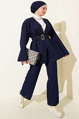 Tokalı Kemerli Kot Takım Lacivert - TEGOE