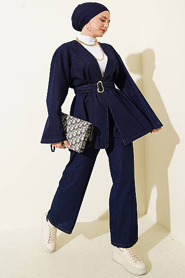 Tokalı Kemerli Kot Takım Lacivert - İkili Takım