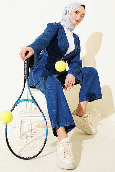 Tokalı Kemerli Kot Takım Mavi - İkili Takım