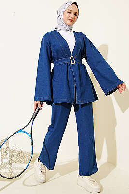 Tokalı Kemerli Kot Takım Mavi - İkili Takım