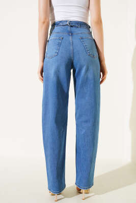 Tokalı Pensli Baggy Kot Pantolon Mavi - Kadın Giyim Modelleri