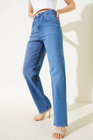 Tokalı Pensli Baggy Kot Pantolon Mavi - Yeni Giyim