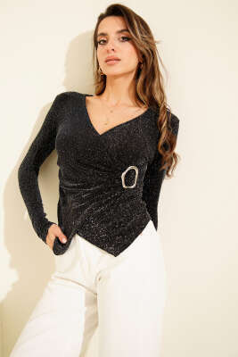 Tokalı V Yaka Simli Bluz Siyah - CALİENTE
