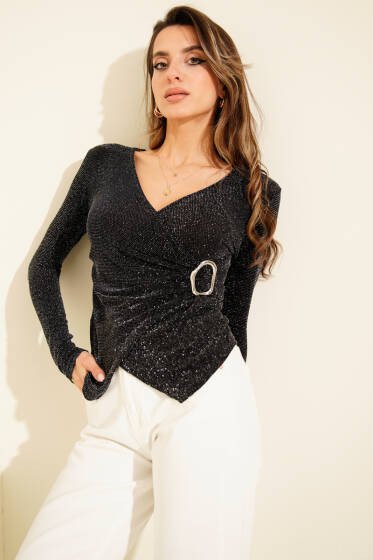 Tokalı V Yaka Simli Bluz Siyah - Kadın Giyim Modelleri