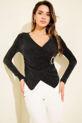 Tokalı V Yaka Simli Bluz Siyah - Kadın Giyim Modelleri