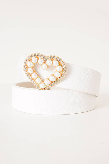 Tokası Kalp İncili Kemer Beyaz - Deri Kemer