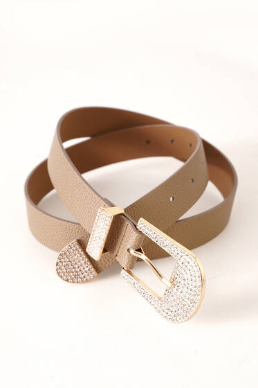 Tokası Mini Pırlantalı Kemer Bej - Deri Kemer