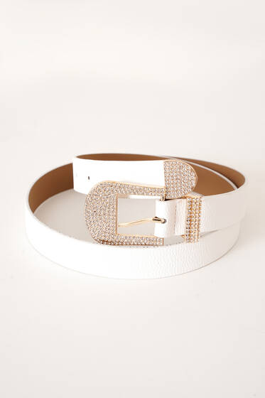 Tokası Mini Pırlantalı Kemer Beyaz Gold - Deri Kemer