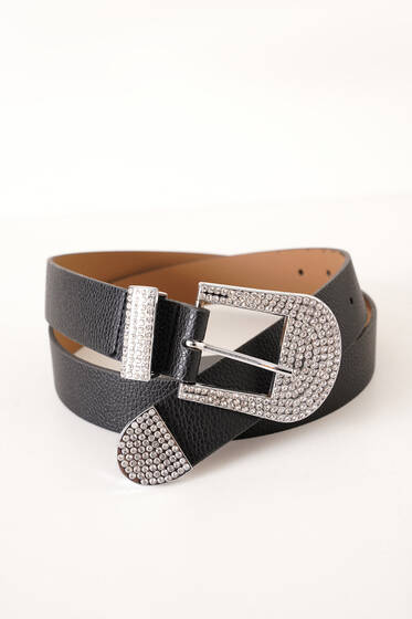 Tokası Mini Pırlantalı Kemer Siyah Gümüş - Deri Kemer