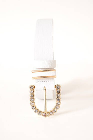 Tokası Oval Pırlantalı Kemer Beyaz - Deri Kemer