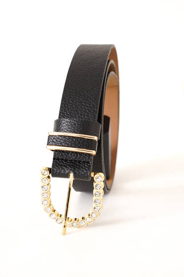 Tokası Oval Pırlantalı Kemer Siyah Gold - Deri Kemer