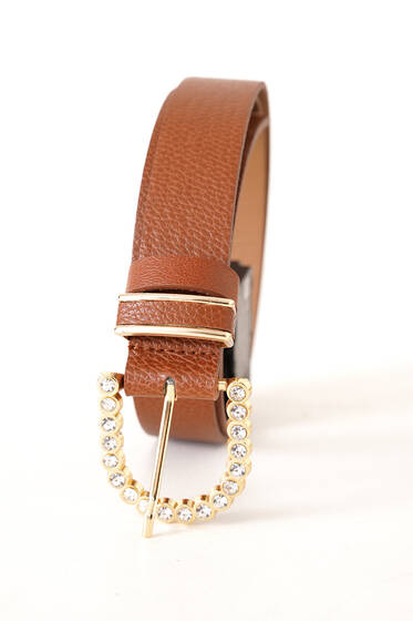 Tokası Oval Pırlantalı Kemer Taba - Deri Kemer