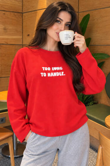 Too Long To Handle Baskılı Sweatshirt Kırmızı - Kadın Giyim Modelleri