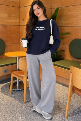 Too Long To Handle Baskılı Sweatshirt Lacivert - Kadın Giyim Modelleri