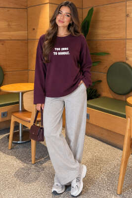 Too Long To Handle Baskılı Sweatshirt Mürdüm - Kadın Giyim Modelleri