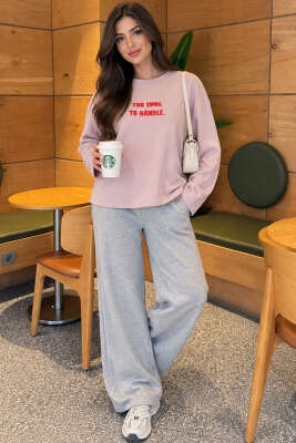 Too Long To Handle Baskılı Sweatshirt Pudra - Kadın Giyim Modelleri