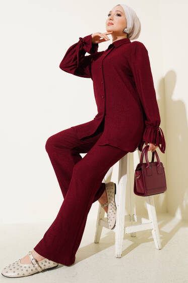 Top Düğmeli Bürümcük İkili Takım Bordo - İkili Takım