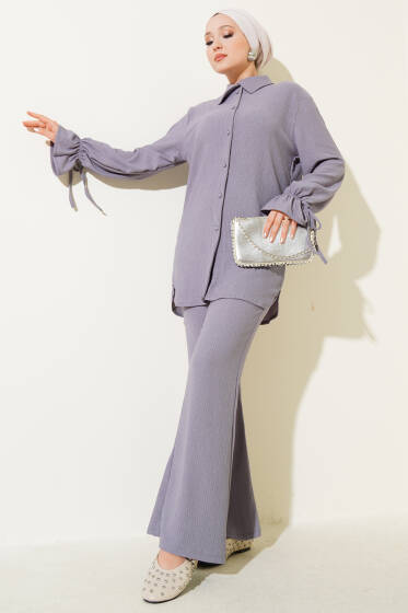 Top Düğmeli Bürümcük İkili Takım Gri - İkili Takım