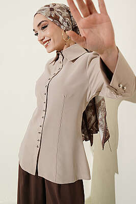 Top Düğmeli Dikiş Detaylı Gömlek Bej - MISRA