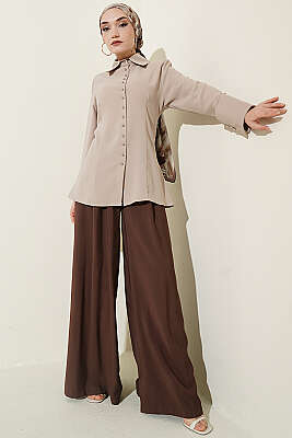 Top Düğmeli Dikiş Detaylı Gömlek Bej - Gömlek