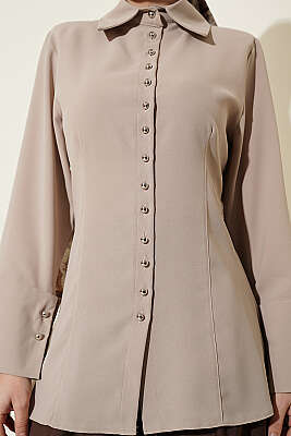 Top Düğmeli Dikiş Detaylı Gömlek Bej - Gömlek