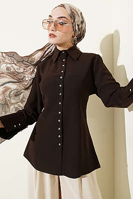 Top Düğmeli Dikiş Detaylı Gömlek Kahve - MISRA